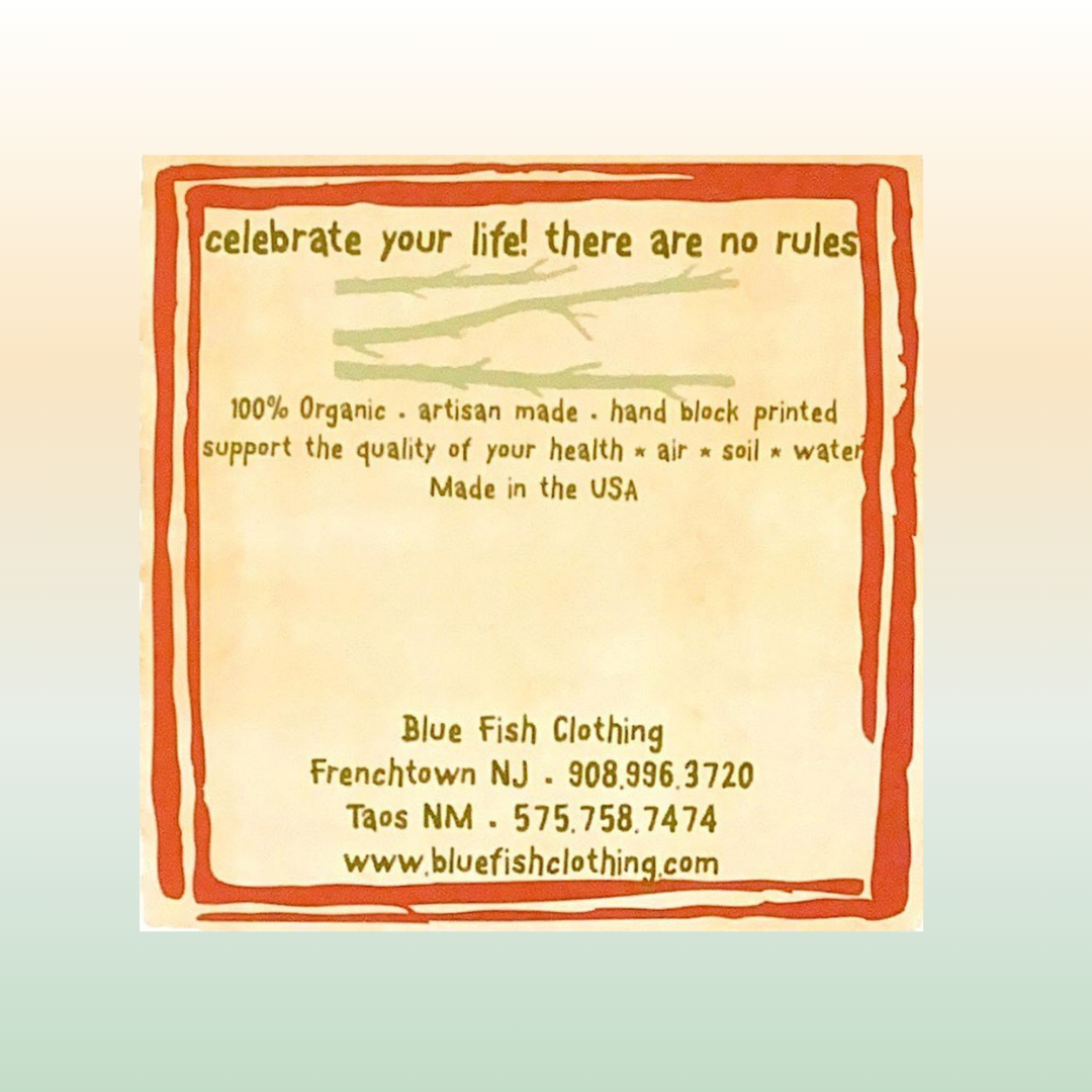 A close-up of a label with text on it, part of the Blue Fish Clothing image collection at Bluefishfinder.com. Orange double varying bars surround the outer edges and Blue Fish store location and web address are at the bottom.