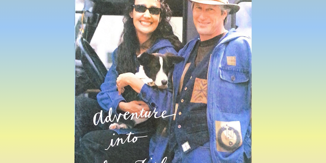 A man and woman holding a dog, woman in sunglasses smiling, man with a hat and clock.