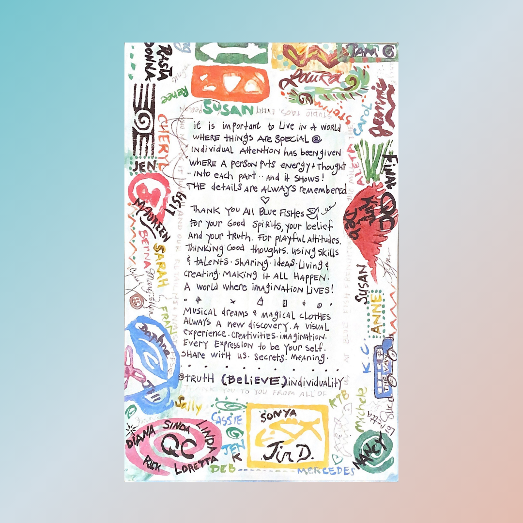 A collection of vintage Blue Fish Clothing pieces, including handwritten messages, logos, and colorful illustrations. Thick border surrounds tiny playful text of a whimsical nature an all colors depicting vegetable arrows and signatures.