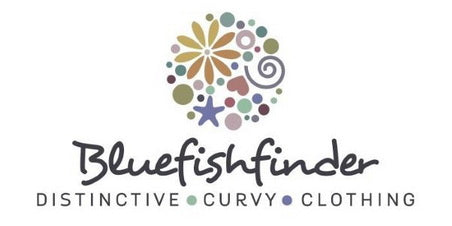 Whimsical Rounds logo in Pastel Flowers with bold Bluefishfinder.com underneath Tagline: Distinctive Curvy Clothing