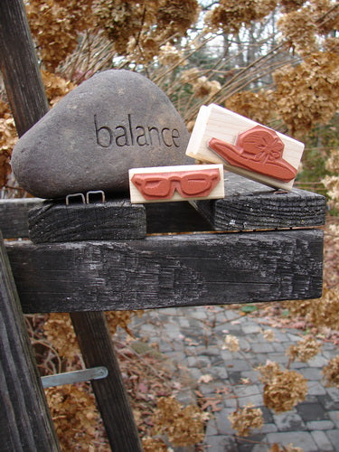 1997 New Rubber Stamps Beach Theme One Size: Wooden blocks with blue fish stamps, sunglasses, and a stone on a wooden surface, perfect for creative stationery or wrapping paper projects.