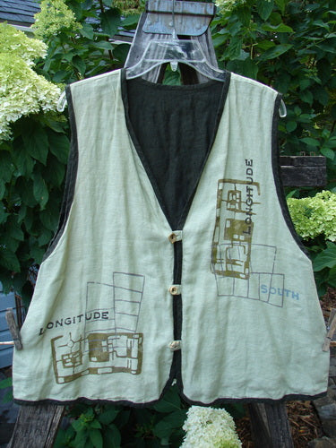 2000 Cross Dye Linen Edge of the World Vest Directional Grid Celery Size 0 displayed on a hanger, showcasing intricate handmade ceramic buttons, rolled piping, and a varying hemline with a unique grid design.