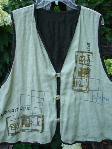 2000 Cross Dye Linen Edge of the World Vest Directional Grid Celery Size 0 featuring rolled piping, looped button closures, handmade ceramic buttons, and a varying hemline with an A-line shape, perfect for creative expression.