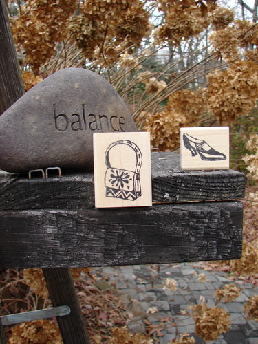 1997 New Rubber Stamps Shop Theme One Size, featuring engraved shoe and handbag illustrations on wooden blocks, perfect for customizing stationery or decorating with a unique Blue Fish touch.
