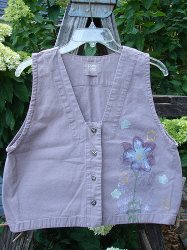 2000 Parachute Cross Stitch Vest Floral Pale Purple Altered Size 0 featuring a deep V-neckline, four metal buttons, and vibrant floral paint on textured fabric.