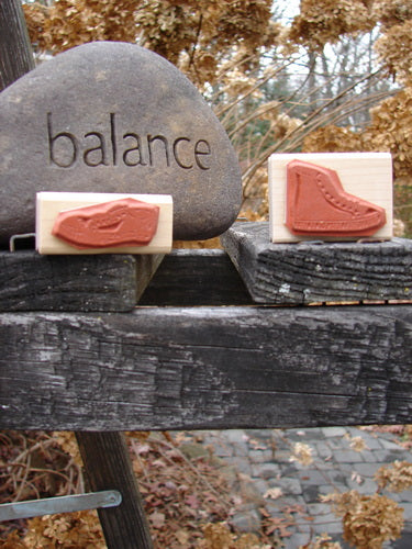 1997 New Rubber Stamps Sneaker City Theme One Size, showing a stone block with a carved shoe stamp, perfect for customizing stationery or decorative projects.