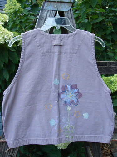 2000 Parachute Cross Stitch Vest Floral Pale Purple Altered Size 0, featuring a deep V neckline, flower paint design, and four metal buttons.