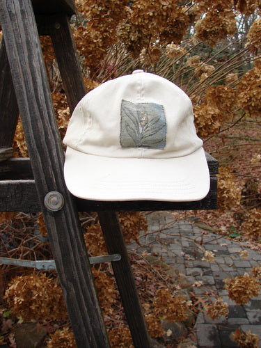 1999 Patched Men's Baseball Cap Wheat Sprig BF Logo Natural OSFA, displayed on a ladder. Features a front wheat sprig patch, adjustable rear strap, and slight brim fade.