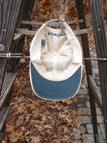 1999 Patched Men's Baseball Cap Wheat Sprig BF Logo Natural OSFA, displayed on a wooden ladder outdoors, showcasing its blue trim, adjustable rear tan strap, and distinctive wheat sprig patch on the front.
