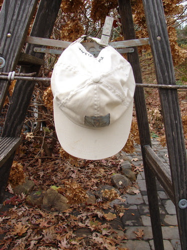 1999 Patched Men's Baseball Cap Wheat Sprig BF Logo Natural OSFA displayed on a ladder in an outdoor setting, featuring a cloth-covered button, sectional star stitchery, and adjustable rear strap.