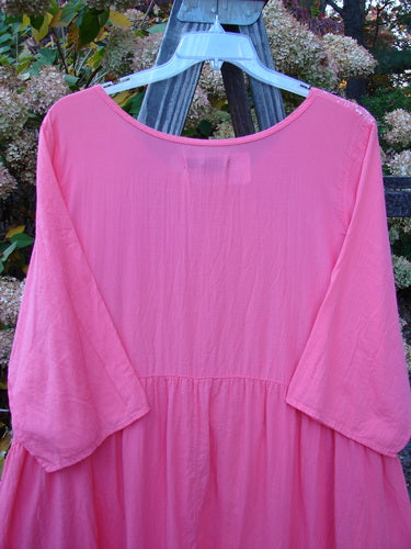 Barclay NWT Textured Terrarium Dress Contour Travel Geranium Size 2 displayed on a mannequin, showcasing its medium-weight organic cotton fabric with a downward curved waist seam and three-quarter length wider sleeves.