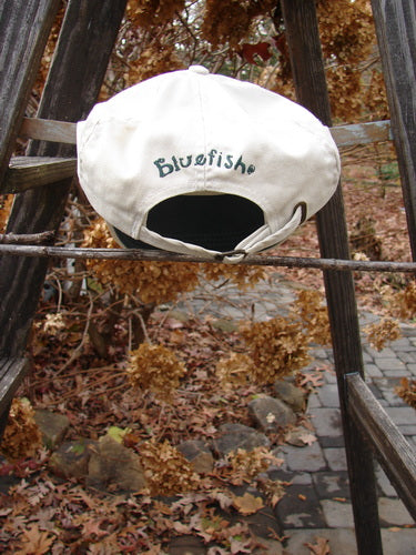 1999 Patched Men's Baseball Cap Wheat Sprig BF Logo Natural OSFA, displayed on a ladder, features a green-embroidered wheat sprig patch, adjustable rear strap, and minor marks on the upper bill.