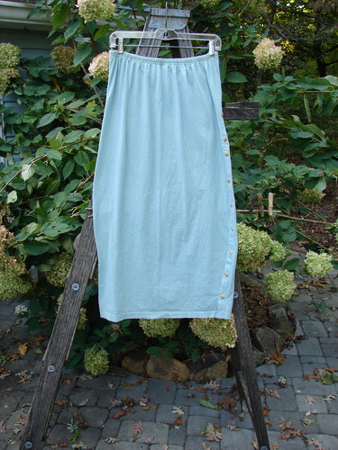 1994 Apron Skirt Magic Garden Menthe Size 1 displayed on a wooden ladder, showcasing its unique apron panel and vertically curved side buttons, embodying vintage style and creativity.