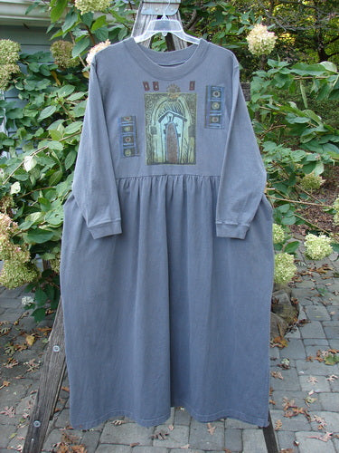 1997 PMU Patched Long Sleeved Simple Cuff Dress Window Granite Size 2 features a full-length style with abstract window patches, ribbed accents, and inseam pockets, showcasing vintage BlueFishFinder creativity.