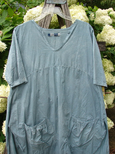 Barclay Percale Key Pocket Hi Low Dress in mottled blue cloud, size 0, with a soft percale texture, V-neckline, elbow-length sleeves, and gathered key pockets on the front. The loose silhouette hangs from a hanger against pale hydrangeas and greenery.