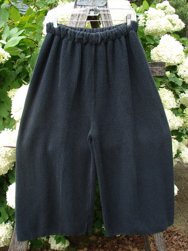 Bluefishfinder.com 1993 Thermal Waffle Wide Leg Crop Pant in unpainted black, size 1, with a textured waffle-knit surface and relaxed cropped wide legs. The pants hang from a clear hanger against leafy white blossoms, their dark matte fabric absorbing the soft outdoor light.