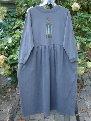 1997 PMU Patched Long Sleeved Simple Cuff Dress Window Granite Size 2, featuring a wide A-line sweep, cozy long sleeves, ribbed neckline, and abstract window-themed patches, photographed to highlight its vintage elegance.