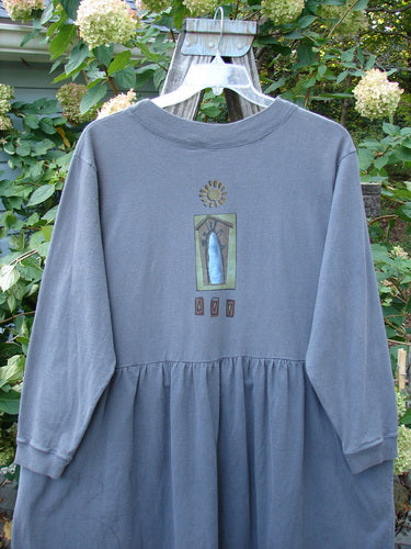 1997 PMU Patched Long Sleeved Simple Cuff Dress Window Granite Size 2, featuring a long, full-length design with abstract window-themed patches, cozy long sleeves, and side pockets, displayed against a plain background.