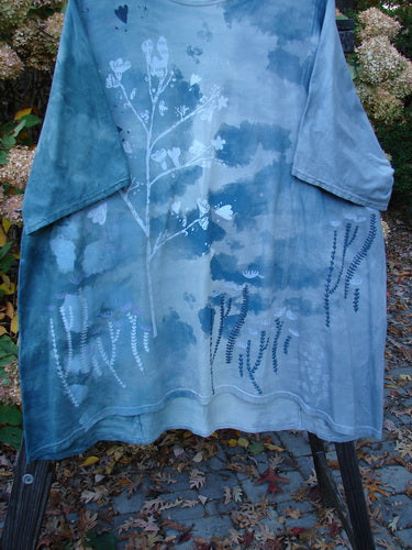 Barclay NWT Art Top Botanical Tree Emerald Fog OSFA featuring a tree design, drop shoulders, loose three-quarter sleeves, rounded neckline, and varying hemline, perfect for expressing individuality.