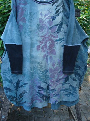 Barclay Thermal Contrast Revival Top Rose Garden Dusky Dusk OSFA features black sleeves, purple floral pattern, ribbed neckline, and A-line shape, embodying BlueFishFinder's creative vintage style.