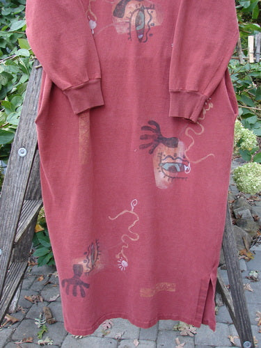 1996 Pastime Dress Abstraction Ember Size 2 features a red shirt with artistic face drawings, cozy ribbed cuffs, and a unique V-shaped neckline, showcasing vintage Blue Fish Clothing's expressive style.