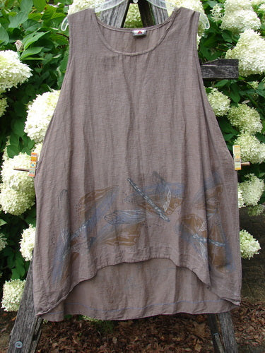 Barclay Hemp Cotton Silk Voile Venetian Pinafore Dragonfly in mocha, size 0, with a loose sleeveless silhouette and rounded neckline. The sheer hemp-cotton-silk voile drapes softly, while a faded dragonfly motif spreads across the lower hem in muted blue and brown tones.