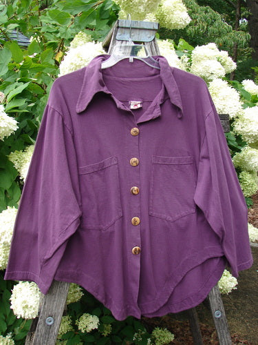 Barclay Wood Button Workshirt in unpainted plum berry, size 0, with a soft textured finish, pointed collar, and five wood buttons down the front. The long-sleeve shirt hangs on a wooden ladder outdoors, framed by dense green foliage and white blossoms.