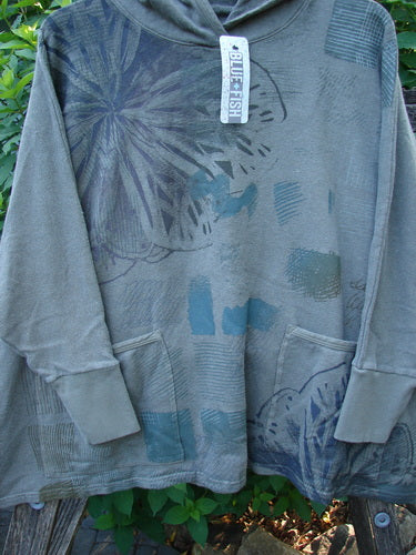 Barclay NWT Cotton Hemp Hooded Folklore Pullover Blossom Grey Lolite OSFA features cozy sleeves, ribbed cuffs, cordless hood, and dual painted pockets, embodying Bluefishfinder.com's vintage artistic expression.