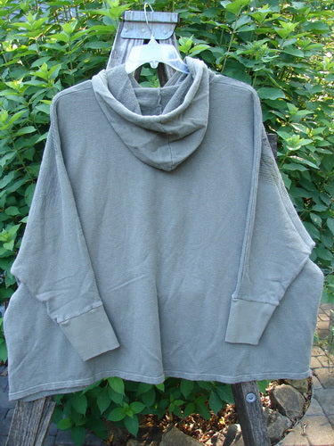Barclay NWT Cotton Hemp Hooded Folklore Pullover Blossom Grey Lolite OSFA features a cordless hood, ribbed cuffs, long sleeves, painted pockets, and a wide flared swing, displayed outdoors.
