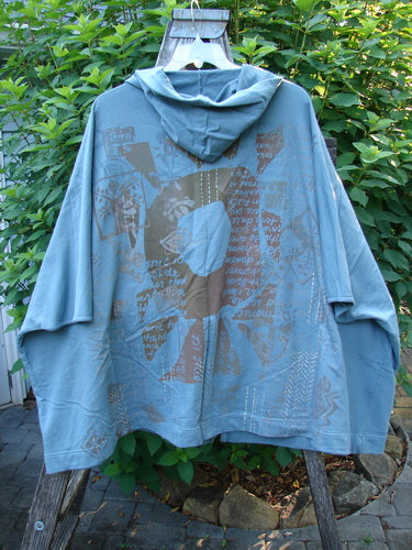 Barclay NWT Hooded Postcard Zipper Jacket Vest Rear Tree Love Delaware Green OSFA displayed on a swinger, highlighting its flowing hemline, cozy hood, and rear tree-themed artwork.