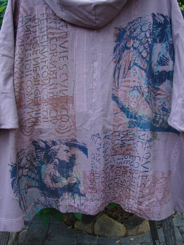 Barclay Hooded Postcard Zipper Jacket Vest Rear Roman Wings Vintage Rose OSFA featuring a cozy hood, dolman shoulders, and sweeping hemline with distinctive rear Roman woman and wings motif.