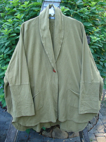 Barclay Reprocessed Golden Hour Deco Jacket Rear Folly Peapod OSFA showcased with its dense cotton texture, single button closure, deep V neckline, distinct dolman shoulders, and oversized diagonal pockets.