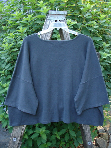 Barclay Thermal Boxy Crop Top Windy Garden Raven OSFA displayed on a hanger, showcasing its rounded neckline, crop length, drop shoulders, and three-quarter sleeves with a waffle texture and windy garden theme print.