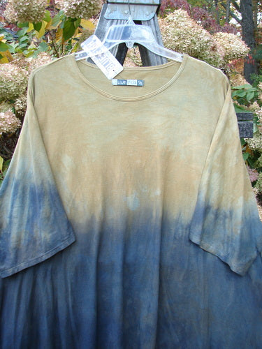 Barclay NWT Art Top Sunfield Bronze Gold OSFA displayed on a swing, showcasing its longer tunic length, drop shoulders, loose three-quarter sleeves, rounded neckline, and varying hemline.