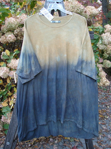 Barclay NWT Art Top Sunfield Bronze Gold OSFA: Features tunic length, drop shoulders, three-quarter sleeves, rounded neckline, varying hemline with upward rounded front hem, and golden bronze fade theme paint on organic cotton.