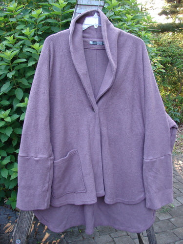 Barclay Patched Celtic Moss Deco Coat Unpainted Aubergine Dust OSFA features a dense cotton fleece, oversized vintage button, deep V neckline, foldable sleeves, and a flowing lower oval shape.
