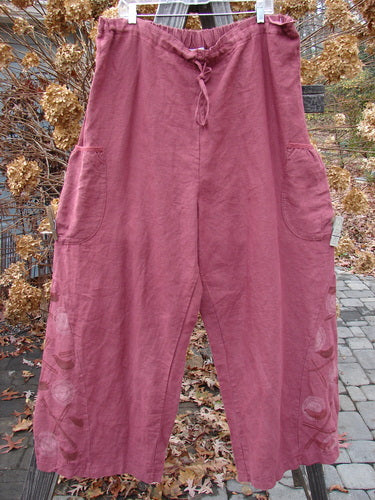 Barclay Linen Heavy Tie Travel Pant Tiny Birdie Merlo Size 2 with elastic waist, triangular side inserts, two front pockets, and wide legs.