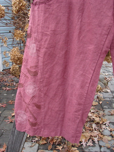 Barclay Linen Heavy Tie Travel Pant Tiny Birdie Merlo Size 2 featuring a pink fabric with bird designs, wide lowers, triangular side inserts, and drawcord front waistline with elastic back.