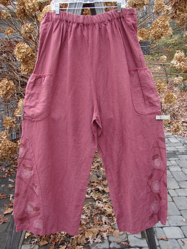 Barclay Linen Heavy Tie Travel Pant Tiny Birdie Merlo Size 2 featuring a billowy shape, triangular side inserts, and upper front side wrap pockets with a drawcord front waistline and elastic back.