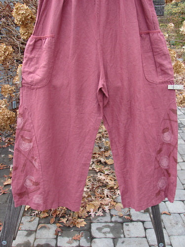 Barclay Linen Heavy Tie Travel Pant Tiny Birdie Merlo Size 2, featuring an elongating billowy shape, triangular side inserts, drawcord front waistline, and super wide lowers.