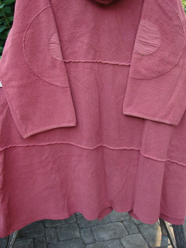 Barclay Celtic Moss Hooded Curve Coat Unpainted Sunset Size 2 on display, featuring a cozy hood, giant circle sleeve patches, S-shaped button line, and A-line flair, reflecting Bluefishfinder's vintage aesthetic.