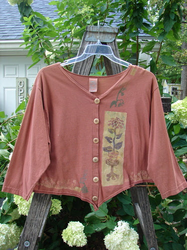 1994 Curve Shirt Potted Sunflower Ochre Size 1, featuring a V-shaped neckline, original buttons, and a unique hemline with a painted sunflower design.