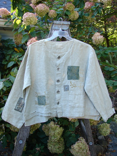 1999 PMU Patched Summercloth Hemp Crop Jacket Nature Cement Size 0 featuring nature-inspired patches, metal button front, drop shoulders, and double front billowy pockets, showcasing Bluefishfinder.com's vintage upcycled style.