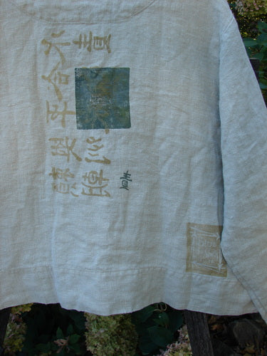 1999 PMU Patched Summercloth Hemp Crop Jacket in Cement, featuring a boxy crop length, metal buttons, nature-inspired paint, and signature Blue Fish stamp, showcasing Bluefishfinder.com's unique upcycled vintage style.