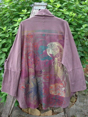 Barclay Reprocessed Golden Hour Deco Jacket Rear Parrot Plum Wine OSFA, featuring a bird design, dense cotton texture, dolman sleeves, and diagonal raw-edged pockets, exemplifying BlueFishFinder's vintage creative expression.