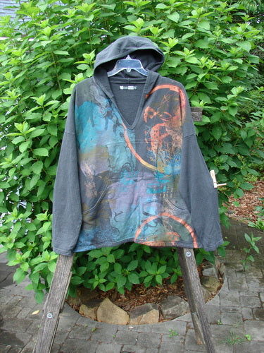 Barclay Cotton Hemp Roo Pocket Hoodie Pullover Metallic Path Black OSFA displayed on a swinger, showcasing its cozy fleece texture, kangaroo pocket, A-line shape, and domain shoulders, embodying Bluefishfinder.com's vintage, expressive ethos.