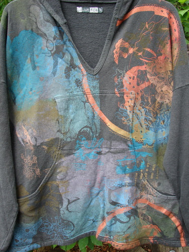 Barclay Cotton Hemp Roo Pocket Hoodie Pullover Metallic Path Black OSFA features a cozy grey sweatshirt with a metallic design, hood, kangaroo pocket, domain shoulders, and generous A-line shape.