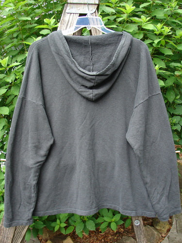 Barclay Cotton Hemp Roo Pocket Hoodie Pullover Metallic Path Black OSFA shown on a clothesline, featuring a cozy fleece texture, kangaroo front drop pocket, domain shoulders, and longer sleeves, embodying vintage Blue Fish Clothing style.