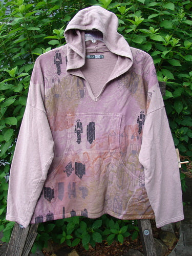 Barclay Cotton Hemp Roo Pocket Hoodie Pullover Crystal Mauve OSFA displayed on a swinger, showcasing its cozy fleece texture, hood, generous A-line shape, and kangaroo front pocket, reflecting vintage Blue Fish clothing style.