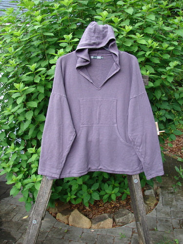 Barclay Cotton Hemp Roo Pocket Hoodie Pullover Rear Birdie Plum OSFA displayed with a cozy hood, kangaroo pocket, and domain shoulders, highlighting its A-line shape and longer sleeves against a natural backdrop.